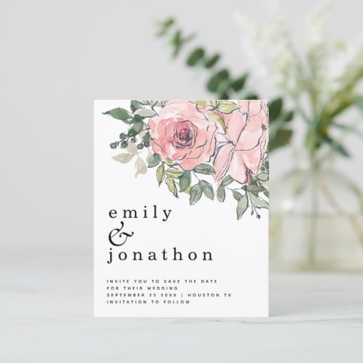 Budget Blush Florals Hochzeit speichern das Datum (Stehend Vorderseite)
