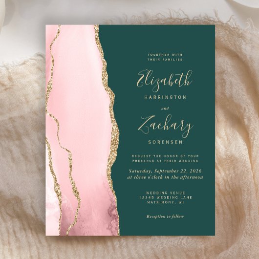Budget Blush Gold Agate Green Wedding Einladung