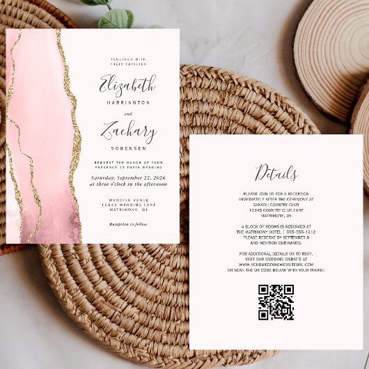 Budget Blush Gold Agate QR Code Einladung