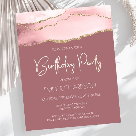 Budget Blush Gold Agate Rose Geburtstag Einladung