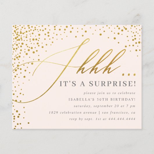 Budget Blush & Gold Confetti Script Überraschung P (Vorderseite)