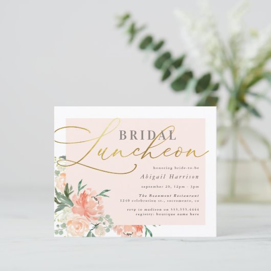 Budget Blush & Gold Script Blumenbridal Luncheon (Stehend Vorderseite)