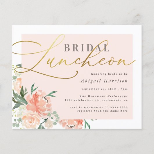 Budget Blush & Gold Script Blumenbridal Luncheon (Vorderseite)