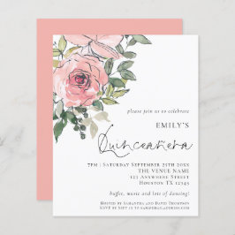 Budget Blush Pink Florals Quinceañera Einladung