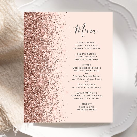 Budget Blush Rose Gold Glitzer Hochzeitmenü