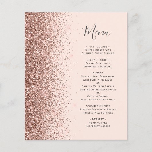 Budget Blush Rose Gold Glitzer Hochzeitmenü (Vorderseite)