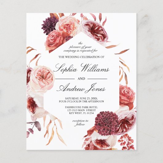 Budget Bohemian Marsala Rose Wedding Invitation (Vorderseite)