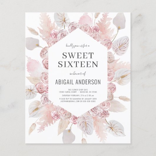 Budget Boho 16 . Geburtstag Moderne Einladung (Vorderseite)