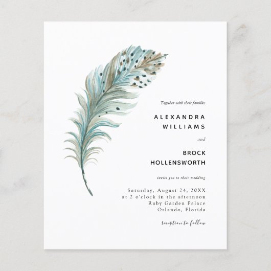 Budget Boho Aquamarin Blue Feather Minimal Wedding (Vorderseite)