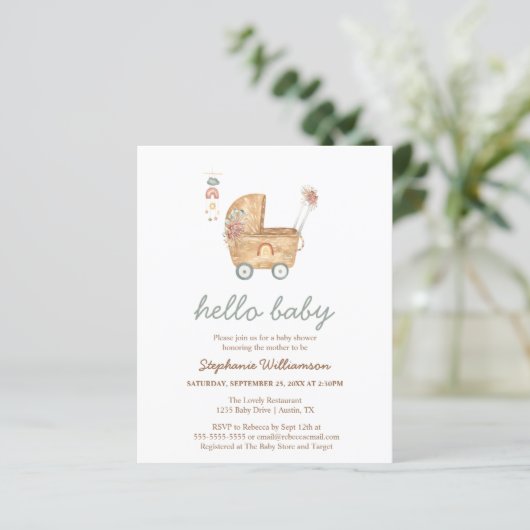 Budget Boho Baby Carriage Baby Shower Einladung (Stehend Vorderseite)