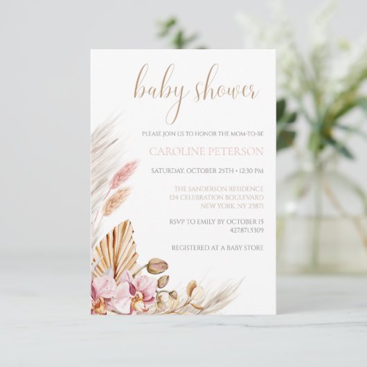 Budget Boho Baby Dusche Pampas Grass Floral Einladung (Stehend Vorderseite)