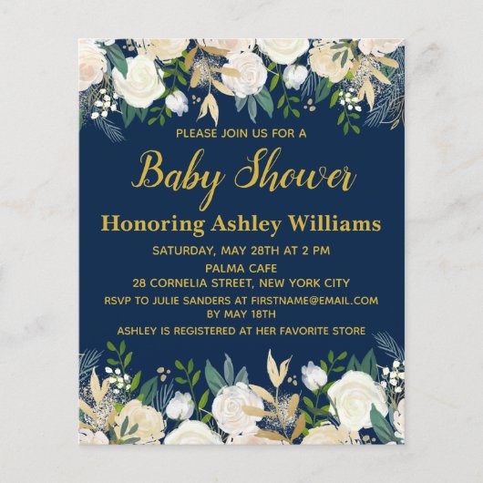 Budget Boho Baby Shower Einladung Navy Gold Green (Vorderseite)