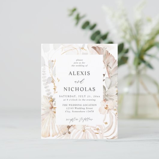 Budget Boho Beach Tropical Beige Floral Wedding (Stehend Vorderseite)