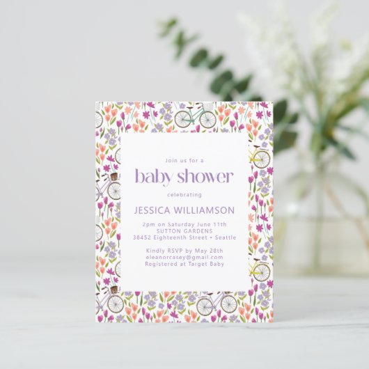 Budget Boho Bicycle Floral Baby Dusche einladen (Stehend Vorderseite)