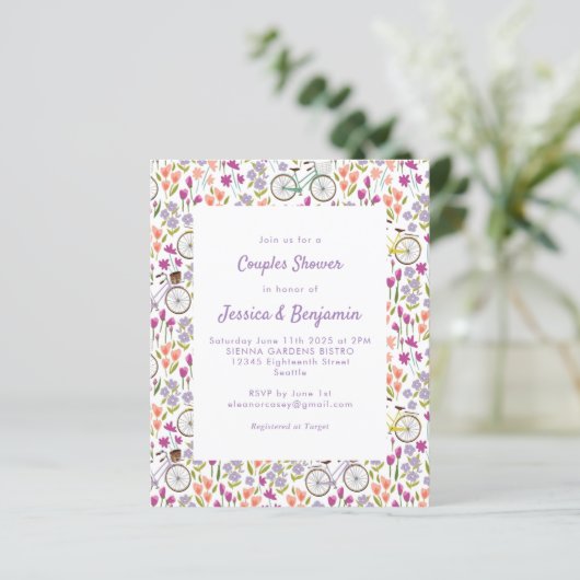 Budget Boho Bicycle Floral Script Couples Dusche (Stehend Vorderseite)