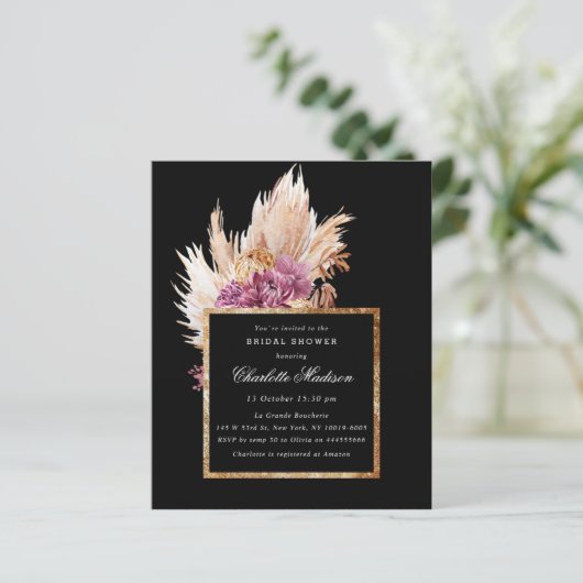 Budget Boho Black, Gold Bridal Dusche Einladung (Stehend Vorderseite)