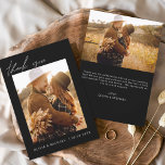 Budget Boho Black Wedding Vielen Dank Karten<br><div class="desc">Feiern Sie Liebe und Dankbarkeit mit unseren Budget Wedding Dankeschön Cards, die Ihre minimalistische Hochzeitsfeier ergänzen. Diese Karten verfügen über ein personalisiertes Foto auf der Vorder- und Rückseite, das die gepflegten Momente Ihres besonderen Tages einfängt. Die elegante, handgeschriebene, kursive Schriftzeichen-Typografie verleiht eine Touch moderner Eleganz, die Ihren Empfängern einen bleibenden...</div>