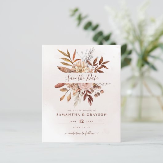 Budget Boho Blume Hochzeit im Herbst Save the Date (Stehend Vorderseite)
