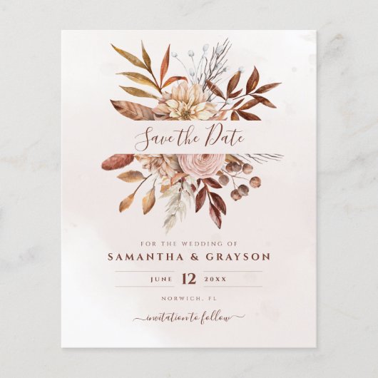 Budget Boho Blume Hochzeit im Herbst Save the Date (Vorderseite)