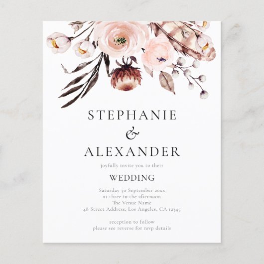 Budget Boho Blush Florals QR-Code Hochzeit einlade (Vorderseite)