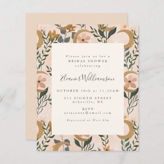 Budget Boho Botanical Moon Brautparty Einladung (Vorne/Hinten)