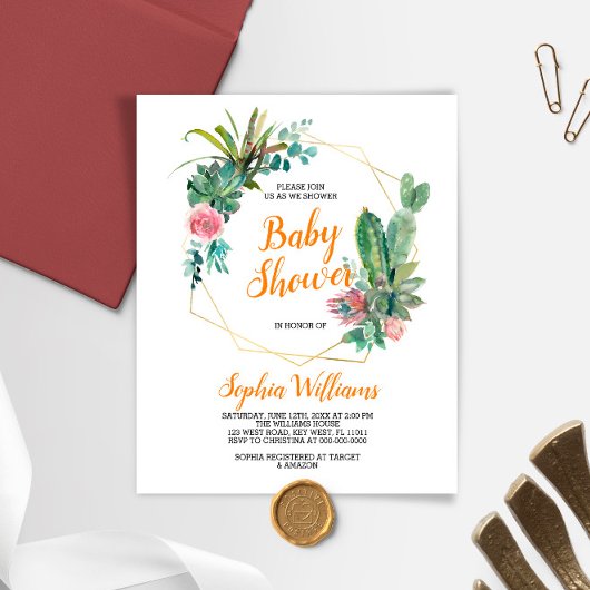 Budget Boho Cactus Baby Shower Einladung