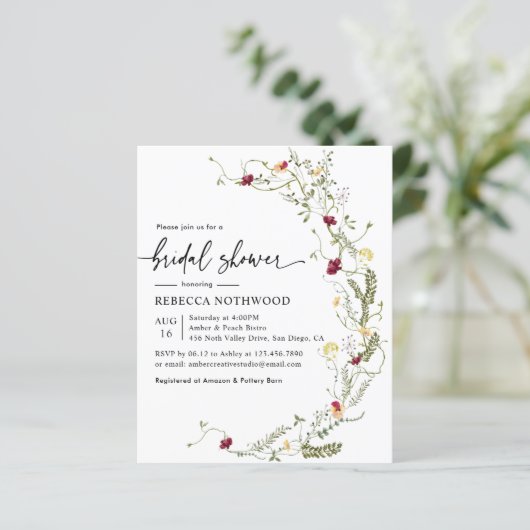 Budget Boho Chic Greenery Bridal Dusche Einladung (Stehend Vorderseite)
