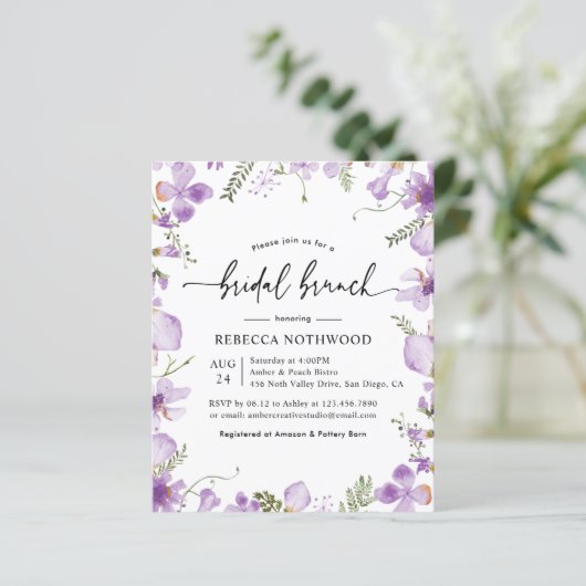 Budget Boho Chic Lila Bridal Brunch Einladung (Stehend Vorderseite)