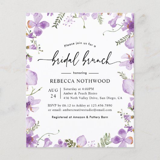 Budget Boho Chic Lila Bridal Brunch Einladung (Vorderseite)