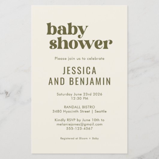 Budget Boho Chic Olive Green Baby Dusche (Vorderseite)