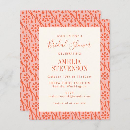 Budget Boho Coral Botanisches Brautparty Einladung (Vorne/Hinten)