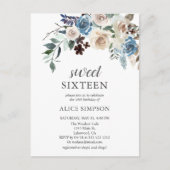Budget Boho Dusty Blue Beige Blume Sweet 16 Einladungspostkarte (Vorderseite)