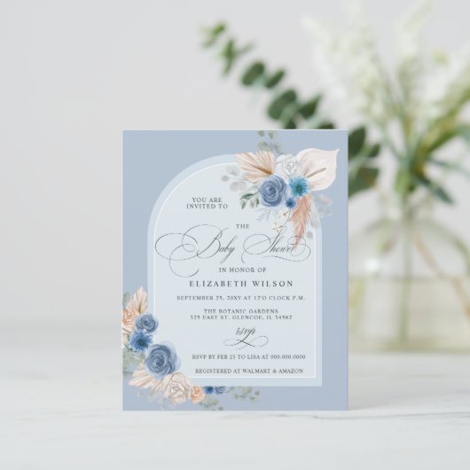 Budget Boho Dusty Blue Pampas Baby Dusche Einladun (Stehend Vorderseite)