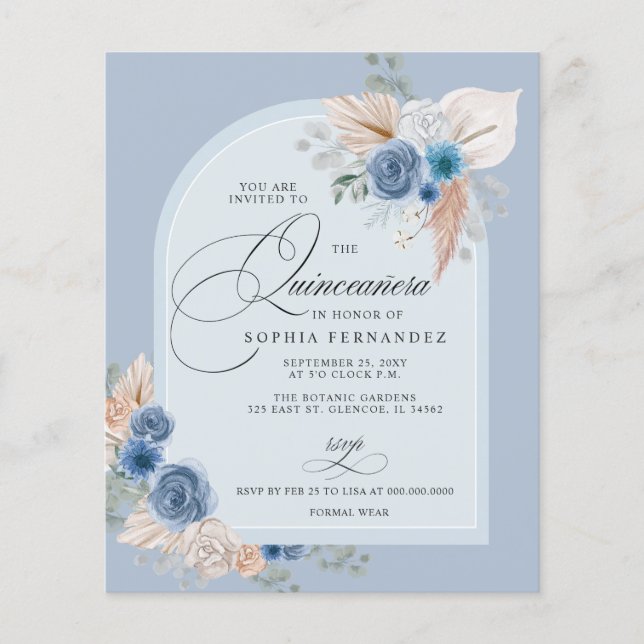 Budget Boho Dusty Blue Pampas Quinceanera Einladun (Vorderseite)