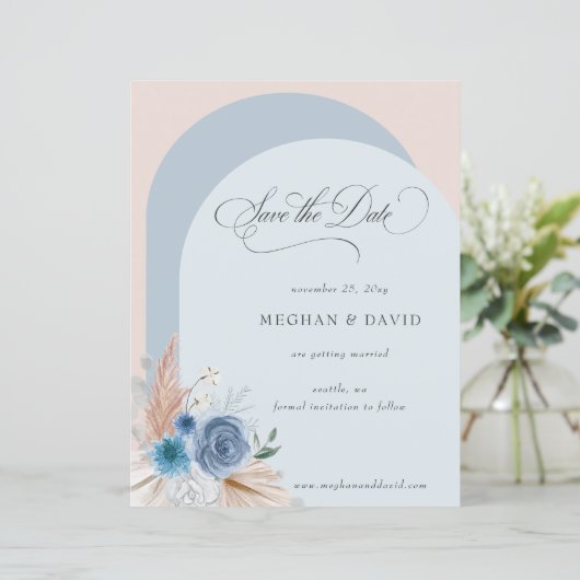 Budget Boho Dusty Blue Pampas Save the Date (Stehend Vorderseite)