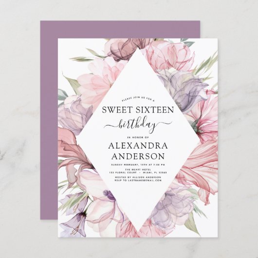 Budget Boho Dusty Lila Sweet 16 Birthday Floral (Vorne/Hinten)