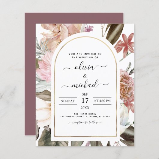 Budget Boho Dusty Pink Burgundy Einladung Hochzeit (Vorne/Hinten)