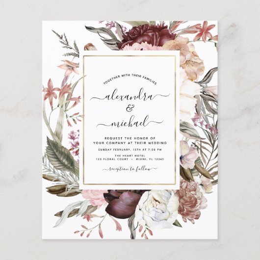 Budget Boho Dusty Pink Burgundy Einladung Hochzeit Flyer (Vorne)