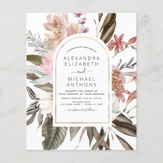 Budget Boho Dusty Pink Burgundy Einladung Hochzeit Flyer (Vorne)