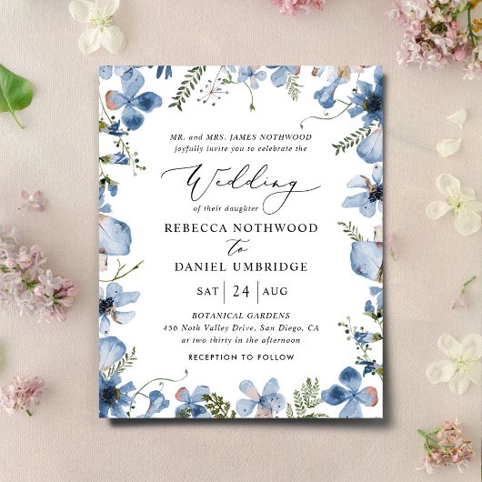 Budget Boho Elegant Blue Wedding Einladung