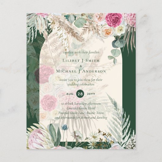 BUDGET BOHO Emerald Green BOHO Blumenrosa Hochzeit (Vorderseite)