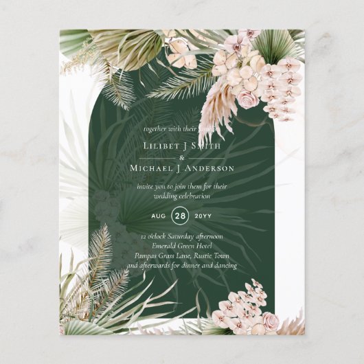 BUDGET BOHO Emerald Green Pampas Grass Wedding Flyer (Vorne)