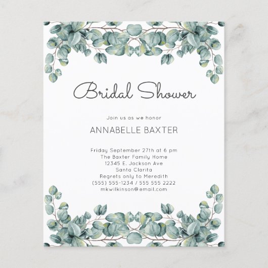 Budget Boho Eucalyptus Blätter Einladung Hochzeit (Vorderseite)