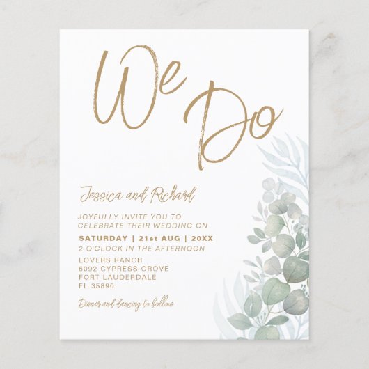 Budget Boho Eucalyputus Green Wedding Einladung (Vorderseite)