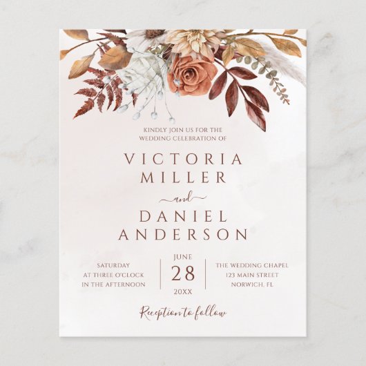 Budget Boho Fall Floral Foliage Hochzeit Einladung (Vorderseite)