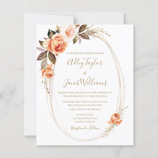 Budget Boho Fall Floral Orange Hochzeitseinladung (Vorderseite)