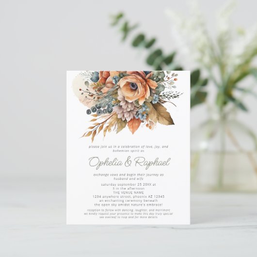 Budget Boho Fall Florals Sage Bohemisch Wedding (Stehend Vorderseite)