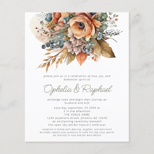 Budget Boho Fall Florals Sage Bohemisch Wedding (Vorderseite)