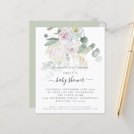 Budget Boho Floral Eucalyptus Baby Shower Einladun (Vorderseite/Rückseite Beispiel)