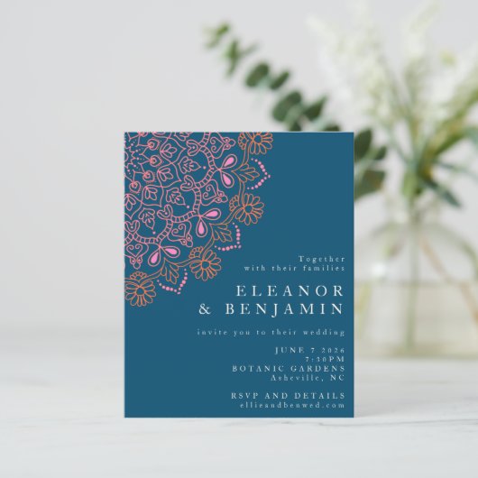 Budget Boho Floral Mandala Aquamarin Blue Wedding (Stehend Vorderseite)